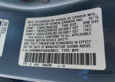 2016 Honda Cr-V Ex-L from USA, damaged, VIN 2HKRM4H76GH638013